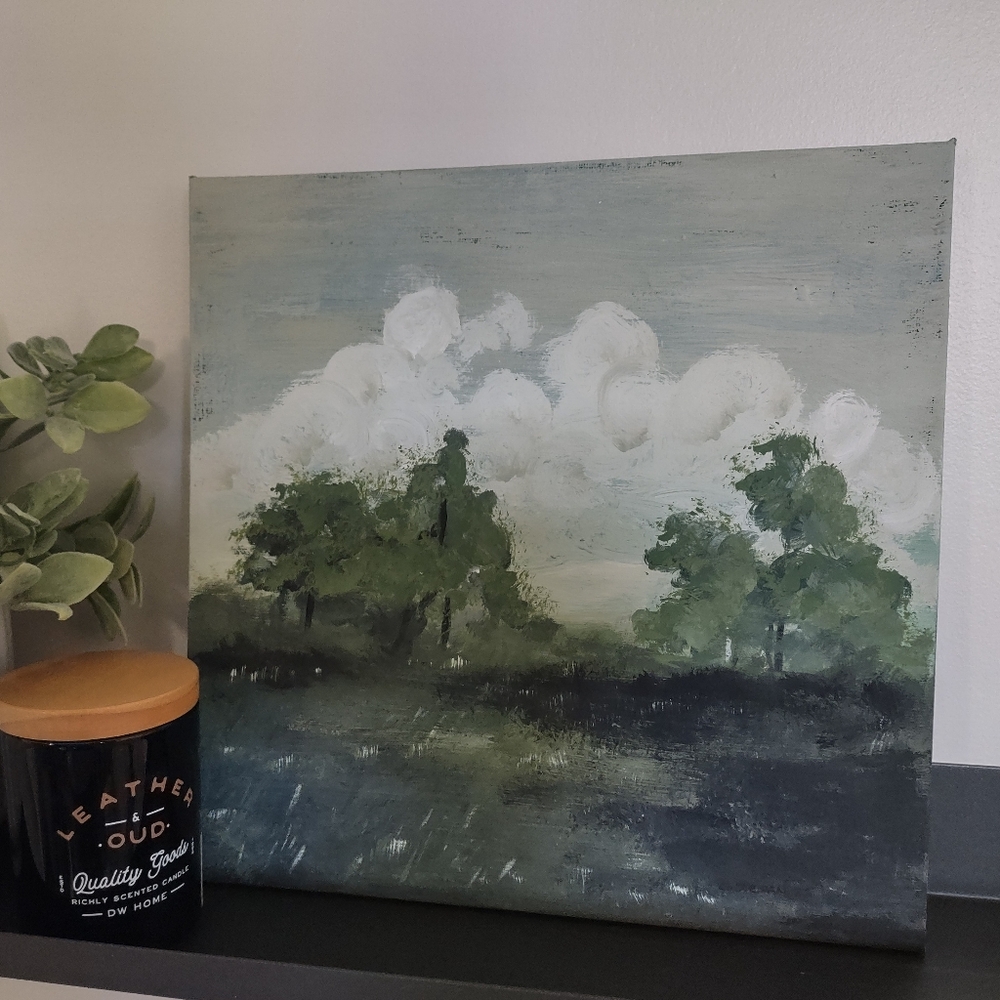 Serene Landscape Acrylic Painting On Canvas In Blue/Green/Cream 10'x10"